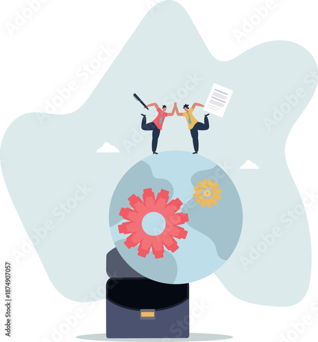 Joint venture. Collaboration.Business people shaking hand behind globe..life and employment of people.