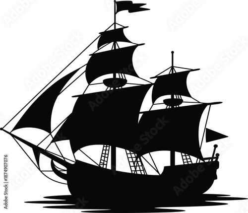 Vintage sailing ship silhouette on ocean waves, antique galleon boat vector for nautical marine design