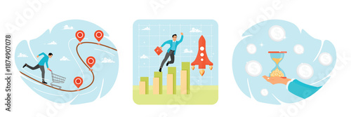 Customer journey concept. Rising up and improvement. Saving Time And Money.