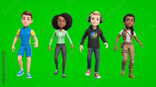 Diverse Animated Characters Performing Rhythmic Movements on Green Screen