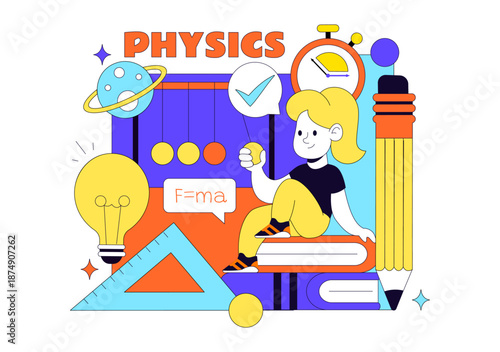 Physics Education Vector Illustration Showing Students Investigating Electricity, Magnetism, Light Waves, Forces, Scientific Technology Exploration