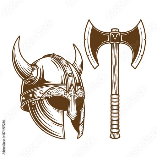 Drawing Vintage Viking helmet and battle axe on white background