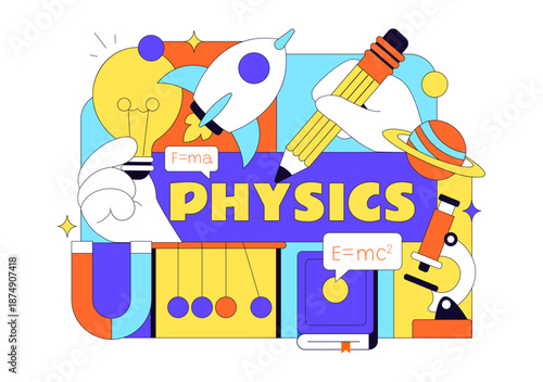 Physics Education Vector Illustration Showing Students Investigating Electricity, Magnetism, Light Waves, Forces, Scientific Technology Exploration