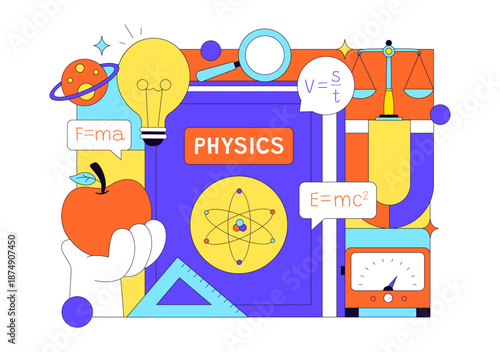 Physics Education Vector Illustration Showing Students Investigating Electricity, Magnetism, Light Waves, Forces, Scientific Technology Exploration