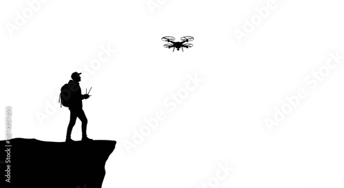 Minimalist Silhouette of a Pilot Flying a Drone from a Mountain Cliff