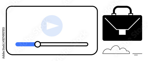 Media and business concept. Media elements thumbs up a video player, business tools as a briefcase, and a cloud icon for digital transformation. Media technology for business branding, communication
