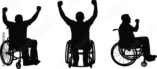 Excited wheelchair user silhouettes with arms raised in celebration, accessibility and empowerment success vector set