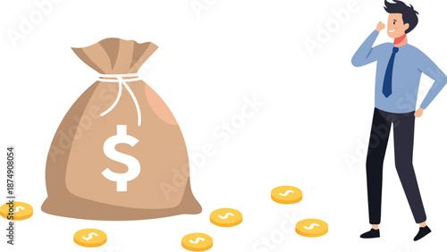 Lose money. Financial debt. Cost growth. economic crisis. Personal budget expenditures. The money wasted in vain. A young man or a businessman loses his money. Money sack with hole and fallen coins