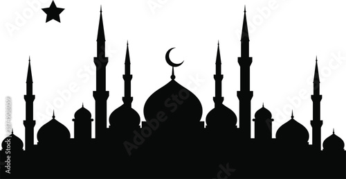Islamic mosque skyline silhouette with crescent moon and star, Ramadan Kareem concept, religious architecture illustration isolated on white background