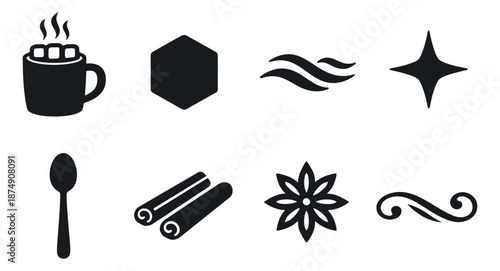 Flat design hot beverage elements set featuring a cocoa mug, cinnamon sticks, star anise, and decorative accents for winter season designs