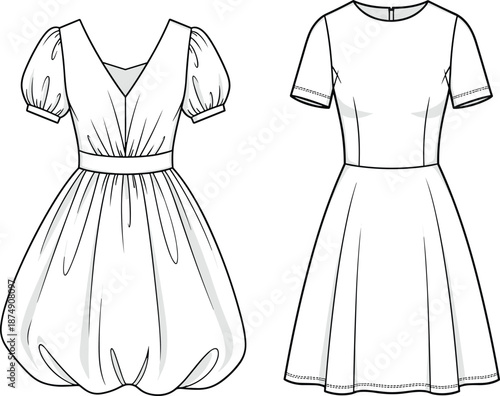 Dress technical illustration, fashion design artwork, garment construction, seam placement, puff sleeve dress, A‑line skirt, creative design