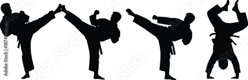 Martial arts karate silhouettes performing kicks, combat training poses, black belt fighters, action sequence, discipline strength, isolated vector illustration