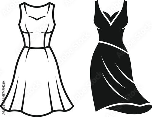 Dress illustration, fashion design artwork, clothing comparison, sleeveless dress, V‑neckline style, flared skirt, elegant outfit, creative design