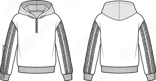 Women's hooded sweatshirt technical flat vector illustration with front and back views featuring braided knit sleeve details for fashion apparel design