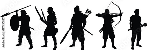 Medieval warrior silhouettes collection with swords, shield, bow and arrows, fantasy fighters in combat poses black vector