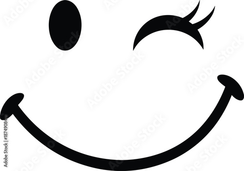 Minimal smiley face silhouette icon with wink and curved smile, playful emoji style symbol, black and white flat vector illustration