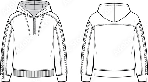Women's hooded sweatshirt technical flat vector illustration with front and back views featuring braided sleeve detail for fashion apparel design