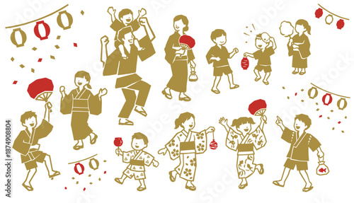 夏祭りの版画風イラストセット。浴衣姿の親子や子供たちが盆踊りや屋台を楽しむベクター素材