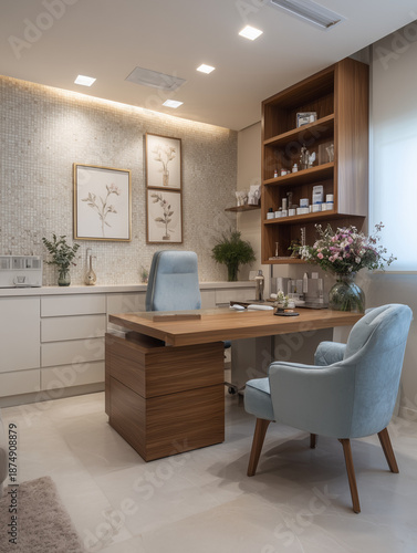 Modern Wooden Desk Office With Blue Velvet Chairs, Shelves and Floral Decor for Wellness