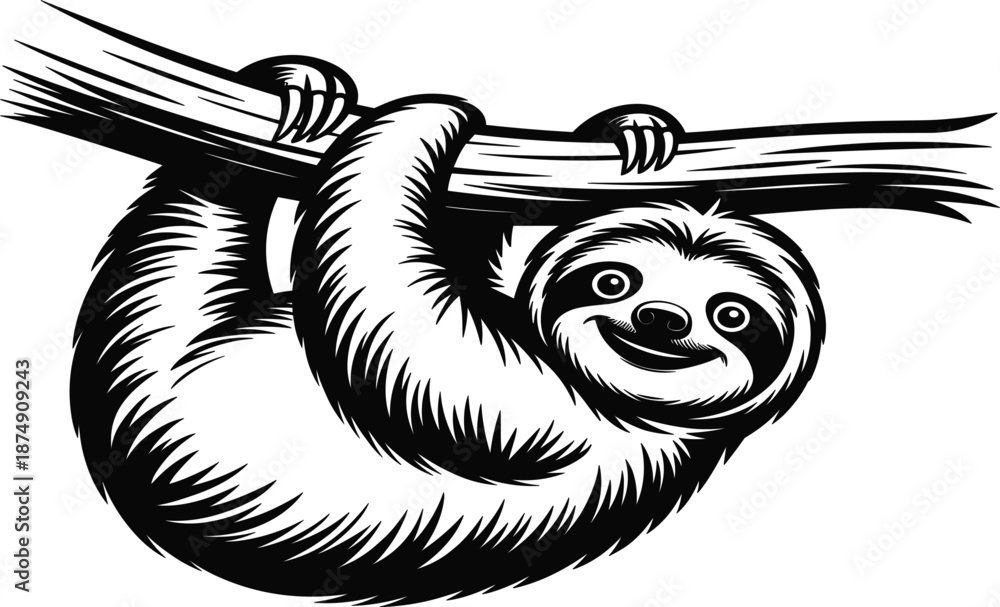 Fototapeta premium Sloth hanging on a branch sketch, cute wildlife animal line art vector illustration set
