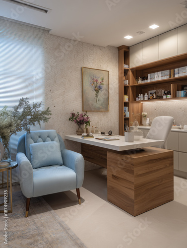 Bright Modern Office Desk With Blue Armchair and Warm Wood Cabinetry in Wellness Studio
