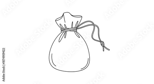 Simple line illustration of a mojo bag with drawstring, isolated on a white background, showcasing minimalist design and clean lines