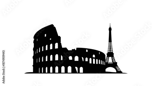 Colosseum and Eiffel Tower Silhouette - Iconic Landmarks Collage