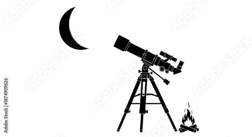 Minimalist Silhouette of an Astronomy Telescope on a Tripod Under a Crescent Moon with Campfire