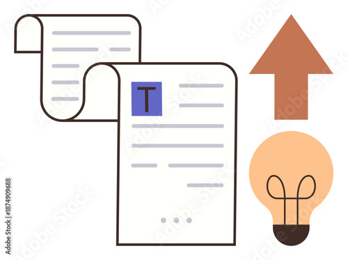 Content creation, document sharing, idea generation, online uploads, innovation, workflow processes. Image shows papers, light bulb and upward arrow. Content creation and document sharing concept