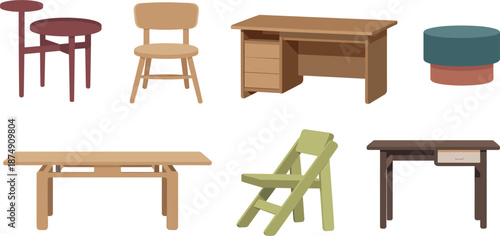 Modern wooden furniture set with desks chairs and tables, minimalist interior design vector home office collection