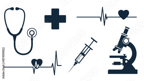Medical Icons Set: Stethoscope, Heartbeat, Syringe, Microscope, Cross
