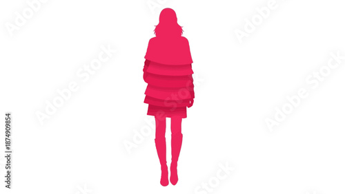 Woman silhouette with ruffled dress and boots, pink on white background