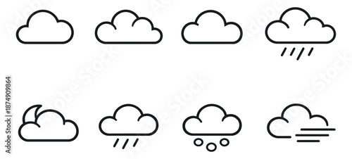 Line art weather icon set featuring cloud shapes and various atmospheric conditions for digital design
