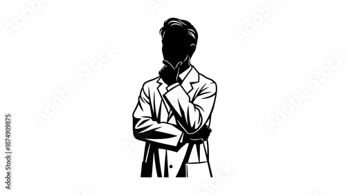 Silhouette scientist thinking, contemplating, wearing lab coat