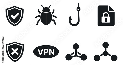 Clean glyph cybersecurity icons set featuring protection shields, a bug, fishing hook, locked file, VPN, and network connections for online security