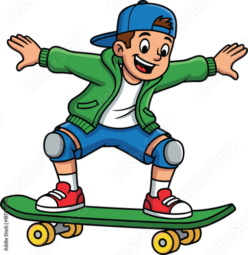 Cartoon skateboarder illustration, active sports character, playful youth athlete, dynamic skating pose, kids action mascot, cool street style, educational design