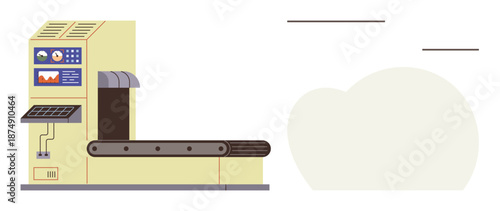 Manufacturing, production line, factory technology, industrial automation, logistics, equipment operation. Conveyor belt with control panel. Production line and industrial automation concept