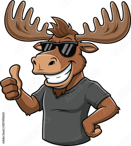 Cartoon moose illustration, cool animal character, confident mascot pose, thumbs-up moose drawing, kids branding figure, stylish forest creature art