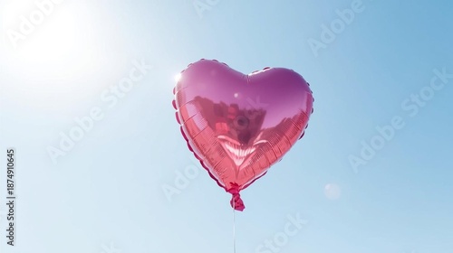 Pink Heart Shaped Foil Balloon Flying in the Clear Blue Sky with Sun Flare