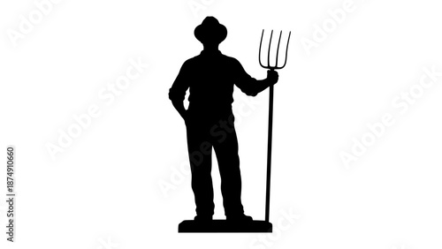 Silhouette Farmer Holding Pitchfork on White Background