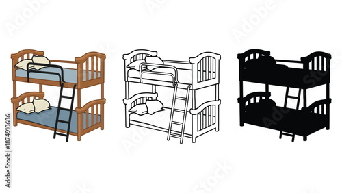 Three different colored bunk beds with ladders on a white background