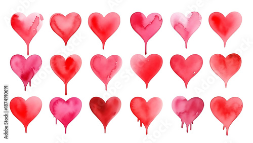 Watercolor hearts collection isolated on transparent background