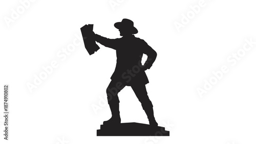 Silhouette of a man in a hat holding a document