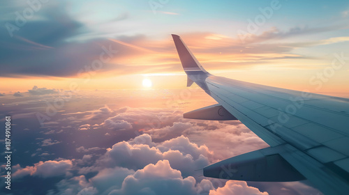 View of airplane wing flying above clouds during vibrant sunrise from passenger window seat