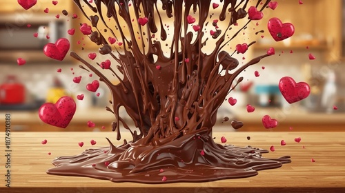 Caramel Syrup Pouring over Milk Chocolate Bar on Pink Heart Bokeh Background