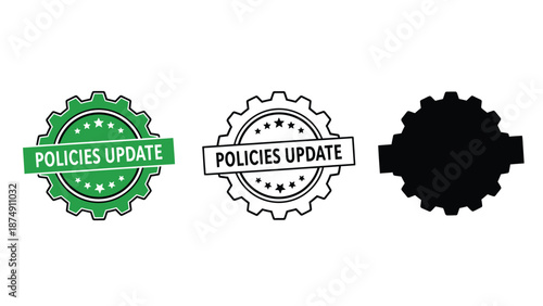 Three gear icons with policies update labels on white background