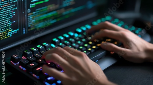 Close-Up of Hands Typing on Modern Keyboard with Colorful Backlighting and Code on Computer Screen