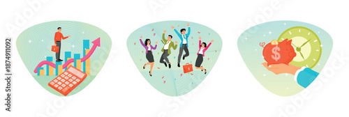 Calculate revenue growth. Joyful staff or employee success. Pension fund investment for retirement.