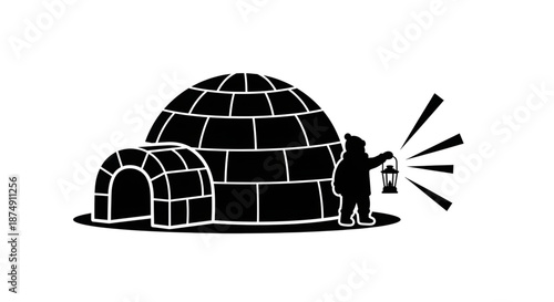 Minimalist Silhouette of an Inuit Person Holding a Lantern Outside an Igloo Snow House