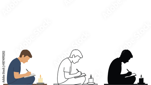 A man writes by candlelight in different illustration styles and colors
